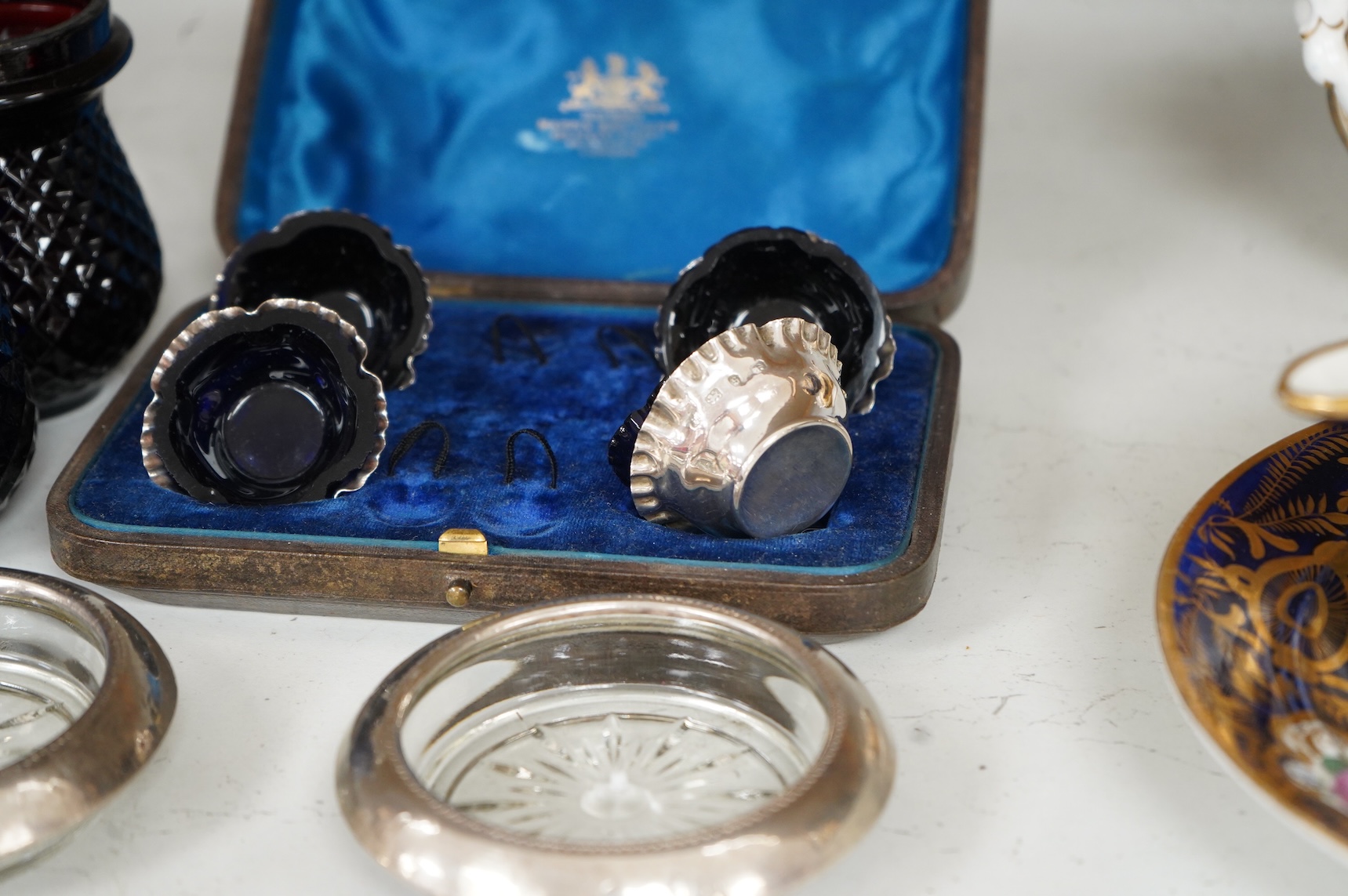 Sundry items to include a cased set of silver salts with glass liners, a Persian panelled bracelet and a glass decanter, largest 23cm high